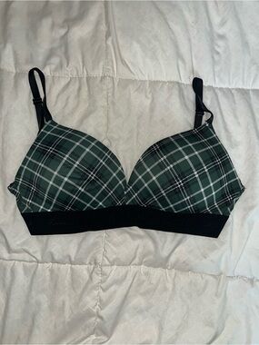 PINK Victoria's Secret Green Plaid Wireless Bralette with Black Band